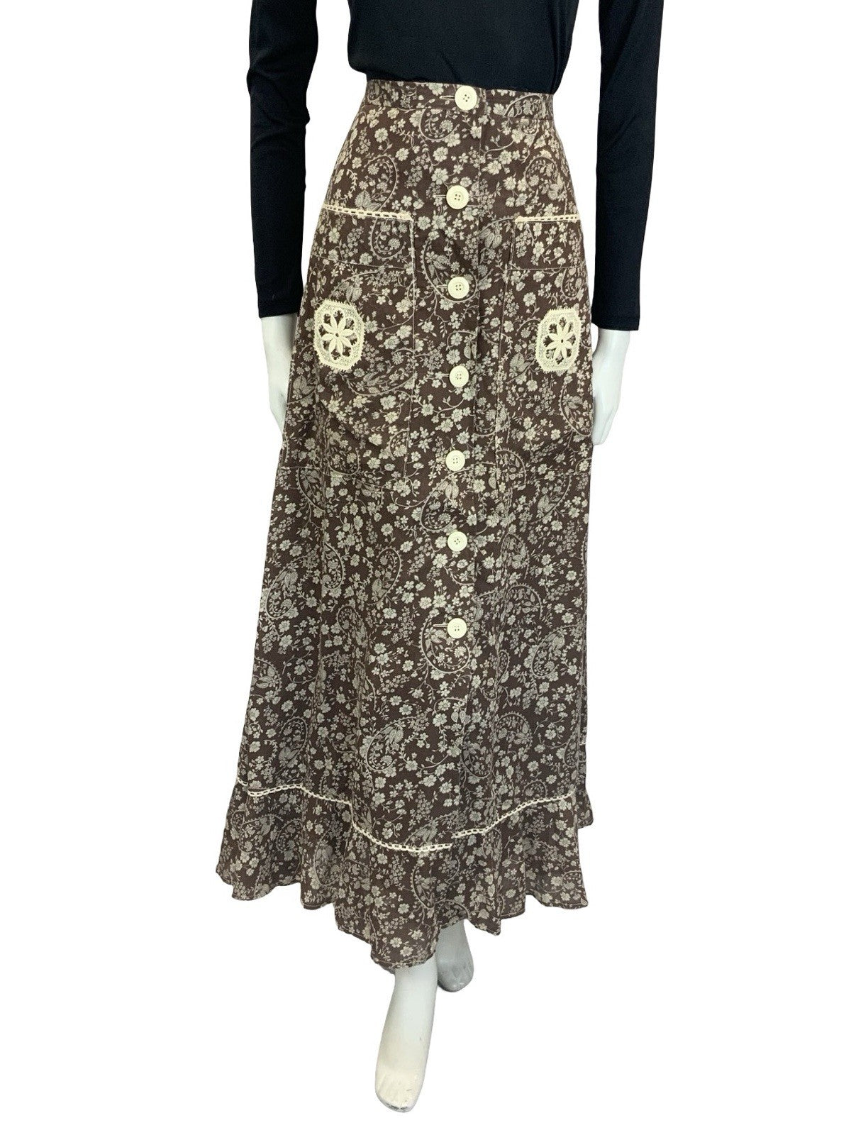 VTG 70S BROWN CREAM WHITE BOHO BETTY BARCLAY FLORAL SWIRL CROCHET MAXI SKIRT 6