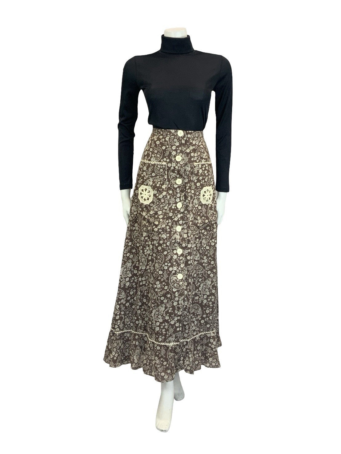 VTG 70S BROWN CREAM WHITE BOHO BETTY BARCLAY FLORAL SWIRL CROCHET MAXI SKIRT 6