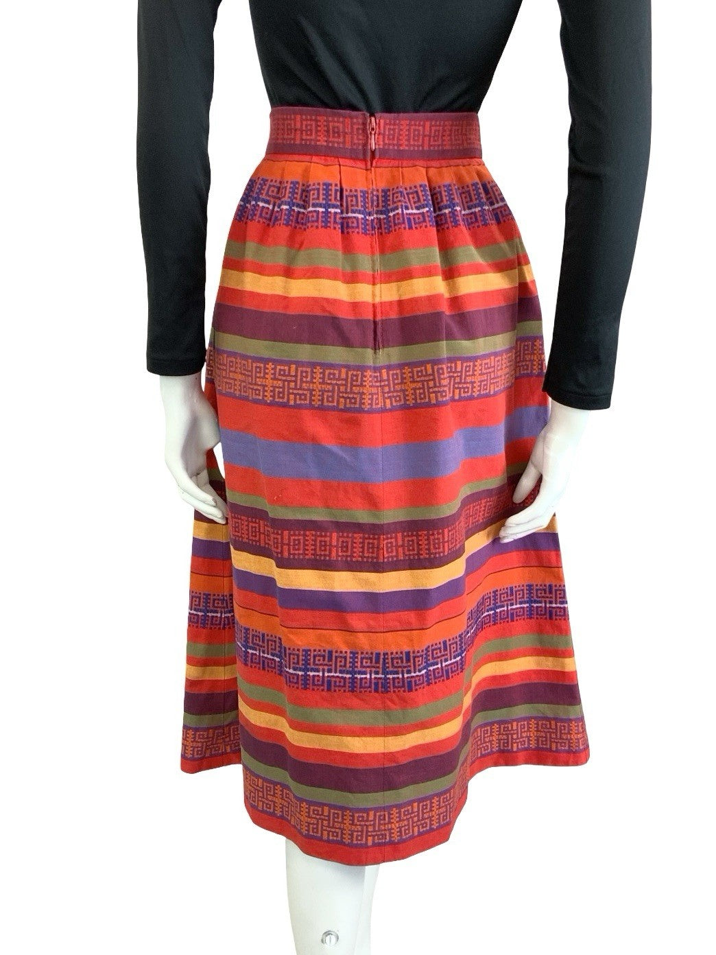 VTG 60S 70S RED YELLOW PUPRLE BLUE AZTEC GEOMETRIC EMBROIDERED MIDI SKIRT 4 6