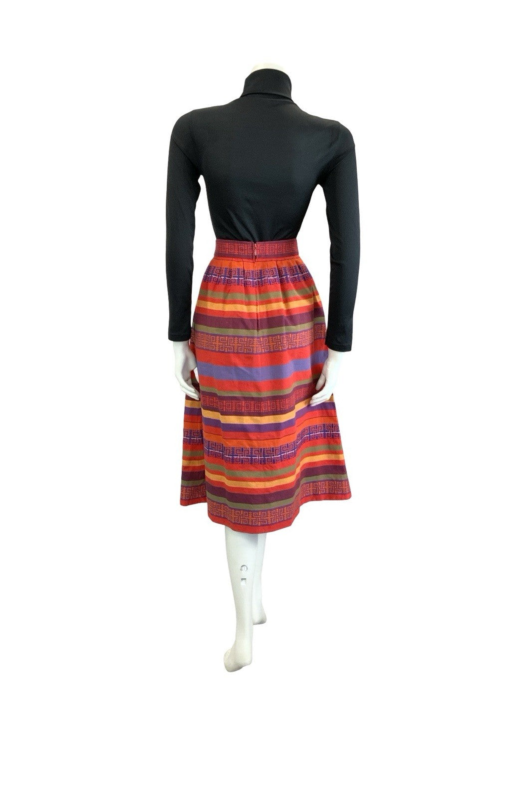 VTG 60S 70S RED YELLOW PUPRLE BLUE AZTEC GEOMETRIC EMBROIDERED MIDI SKIRT 4 6