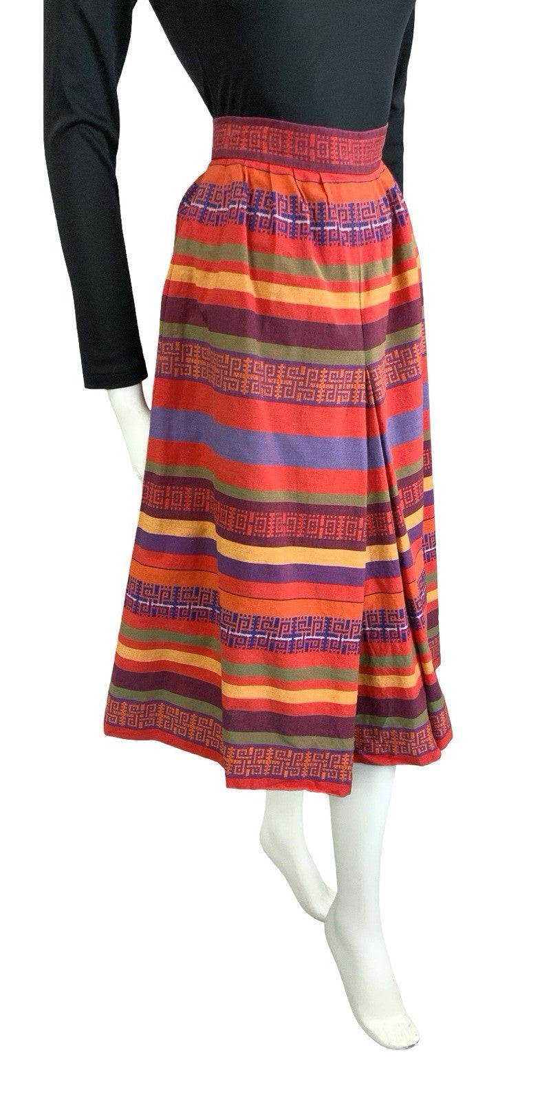 VTG 60S 70S RED YELLOW PUPRLE BLUE AZTEC GEOMETRIC EMBROIDERED MIDI SKIRT 4 6