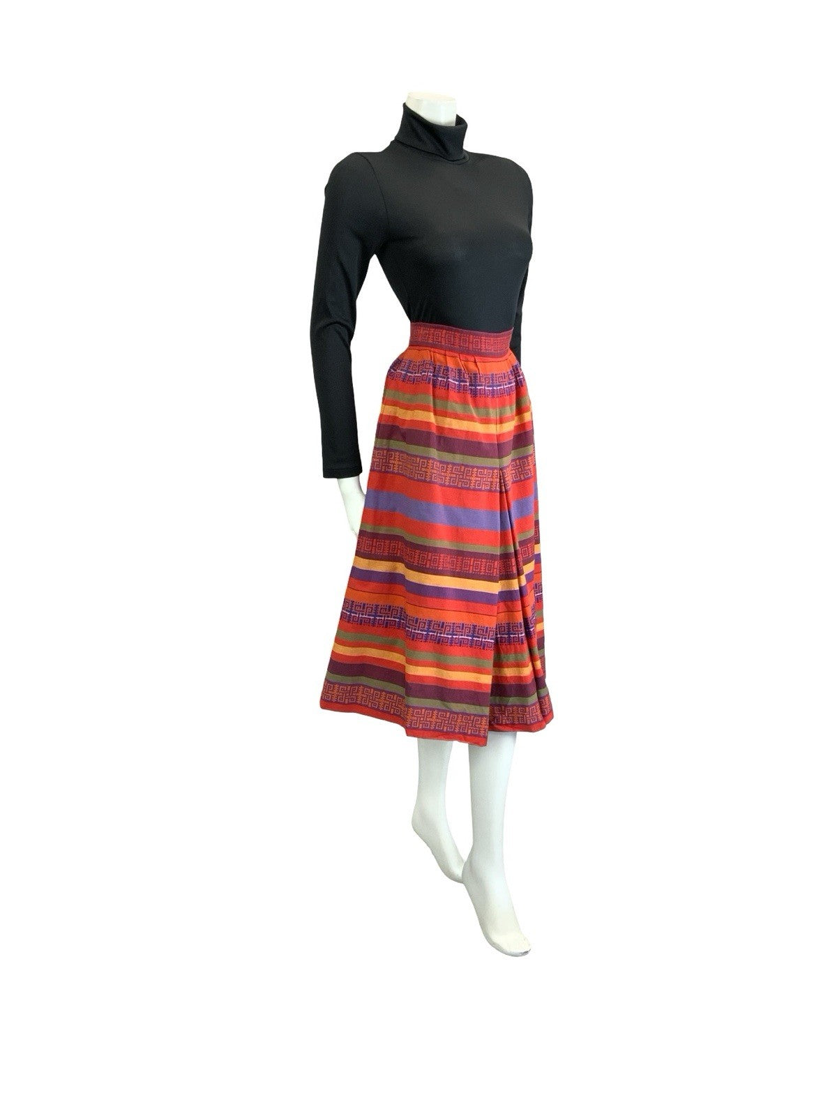 VTG 60S 70S RED YELLOW PUPRLE BLUE AZTEC GEOMETRIC EMBROIDERED MIDI SKIRT 4 6