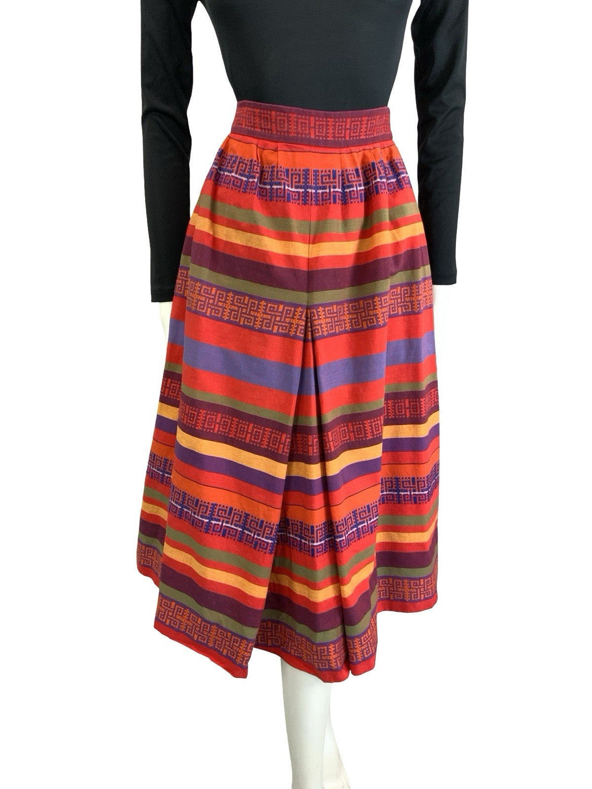 VTG 60S 70S RED YELLOW PUPRLE BLUE AZTEC GEOMETRIC EMBROIDERED MIDI SKIRT 4 6