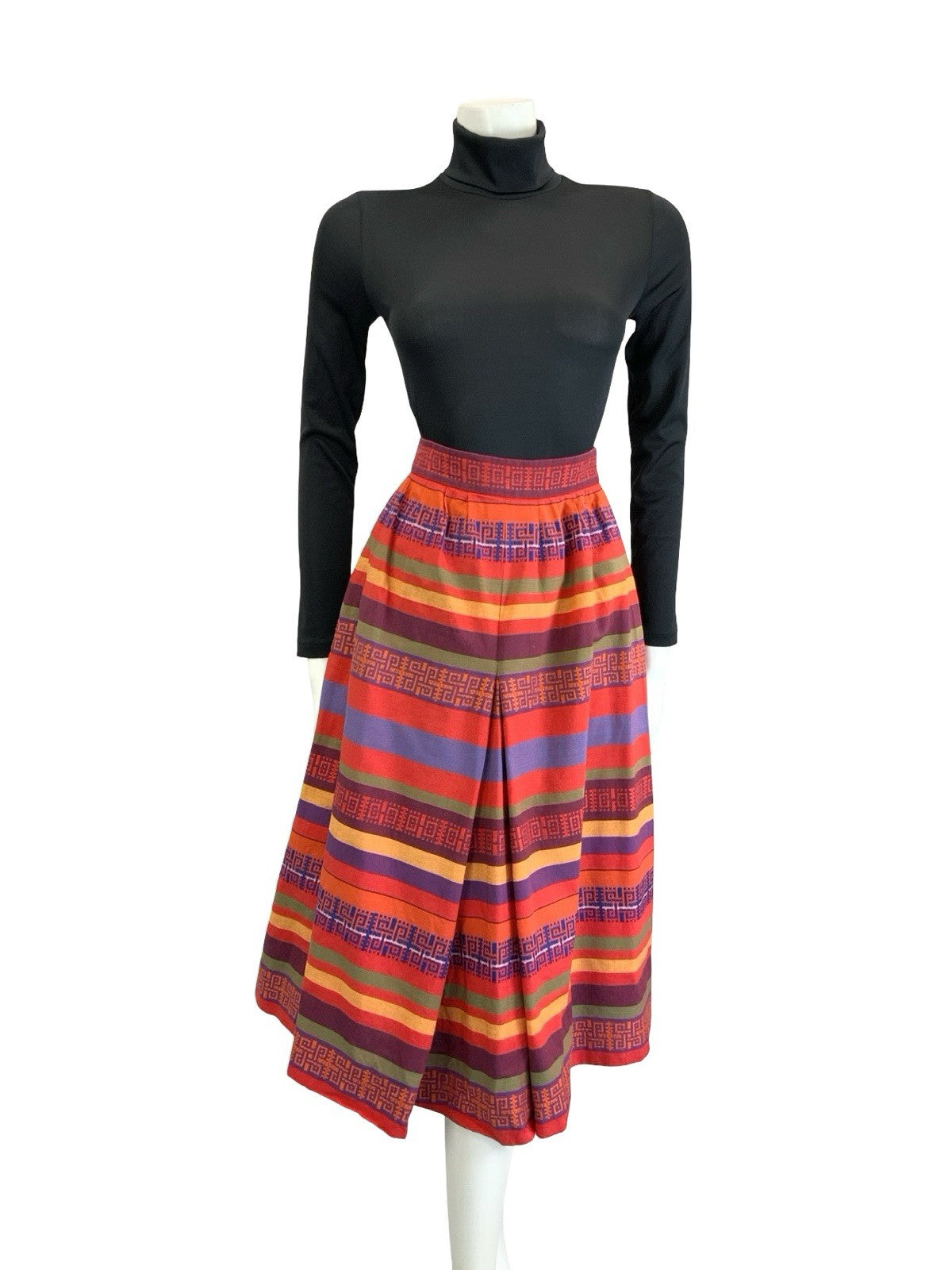 VTG 60S 70S RED YELLOW PUPRLE BLUE AZTEC GEOMETRIC EMBROIDERED MIDI SKIRT 4 6