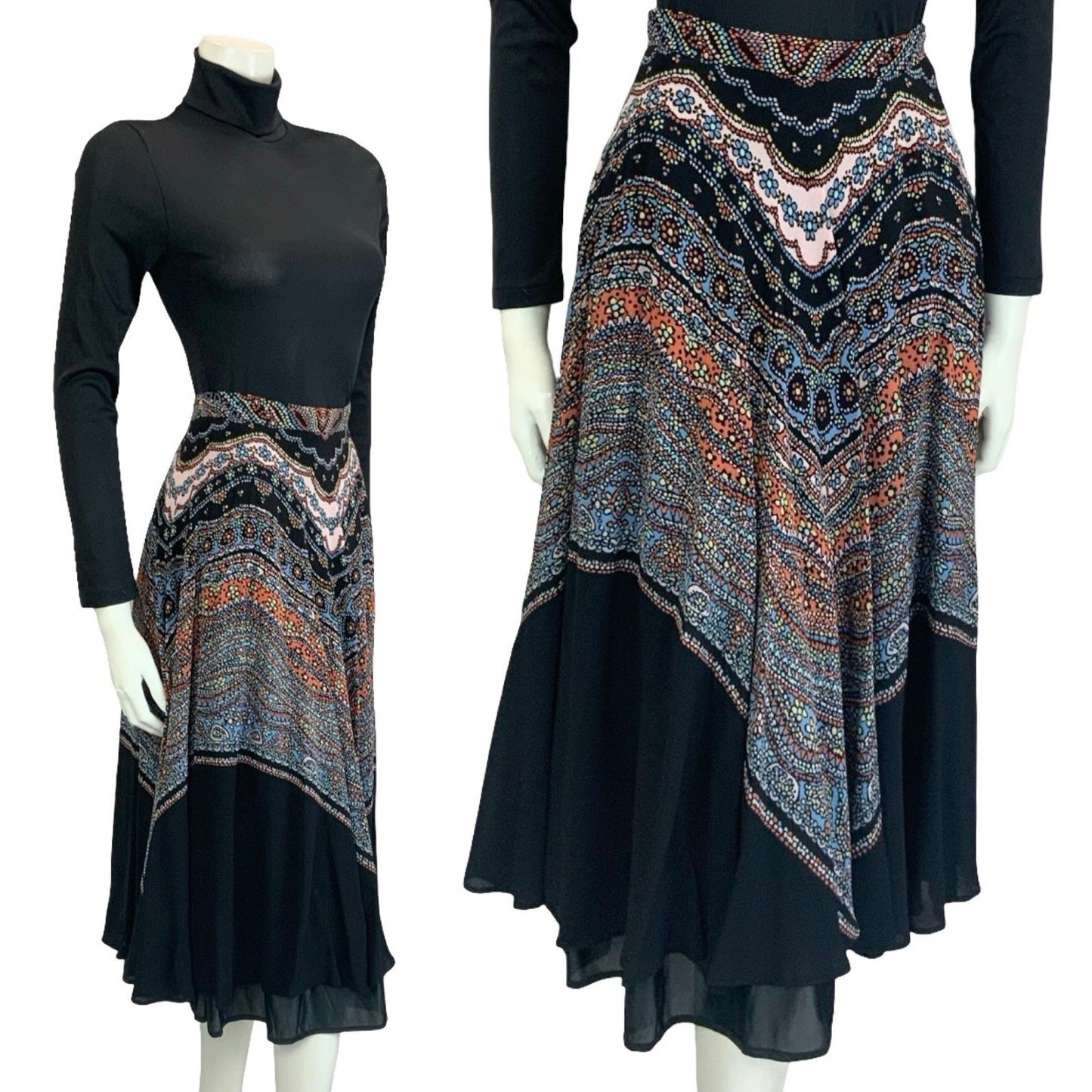 VTG 60S 70S BLACK PINK BLUE LUCIE LINDEN BOHO FLORAL DOTTY FLOATY MIDI SKIRT 6