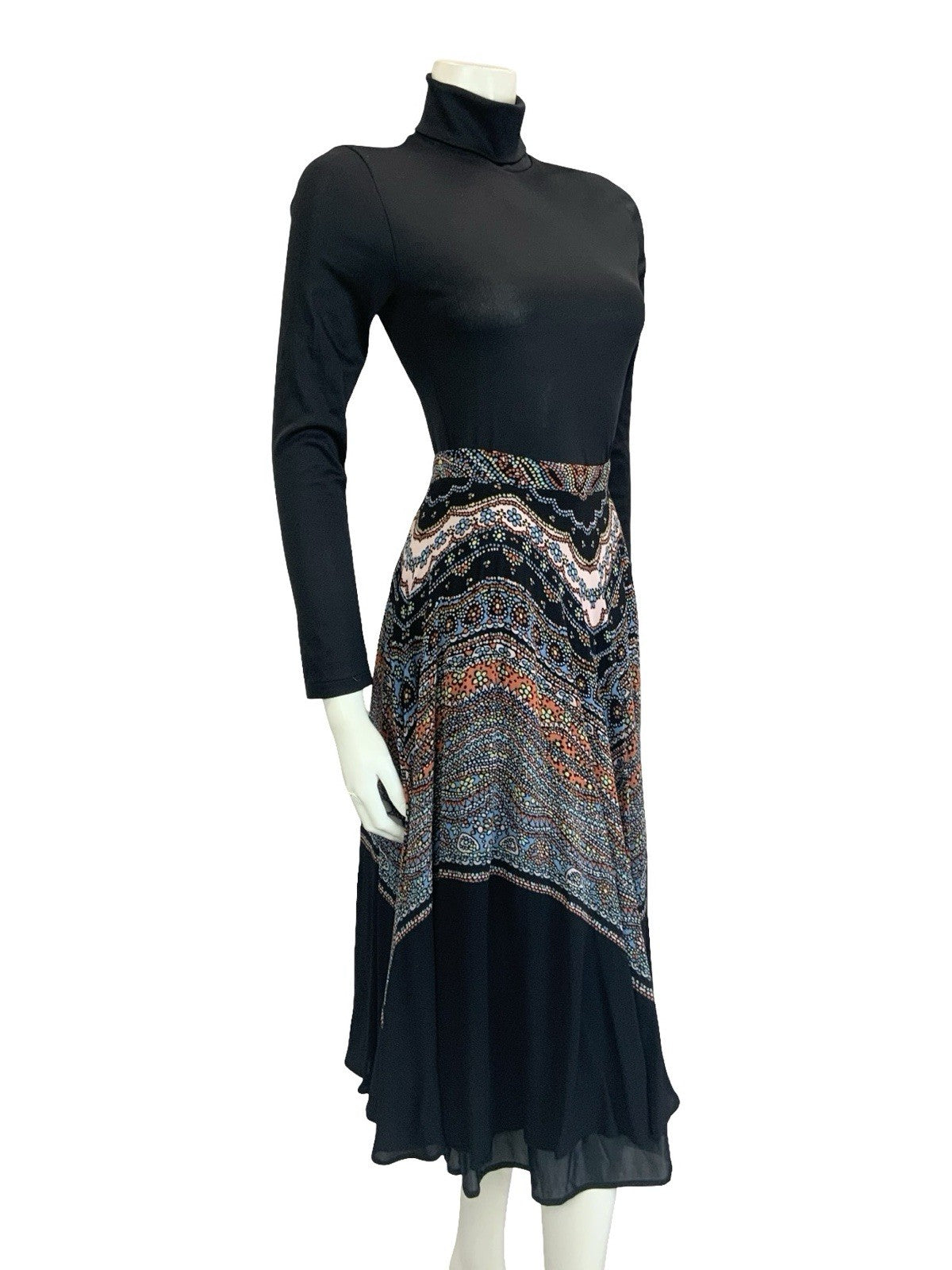VTG 60S 70S BLACK PINK BLUE LUCIE LINDEN BOHO FLORAL DOTTY FLOATY MIDI SKIRT 6