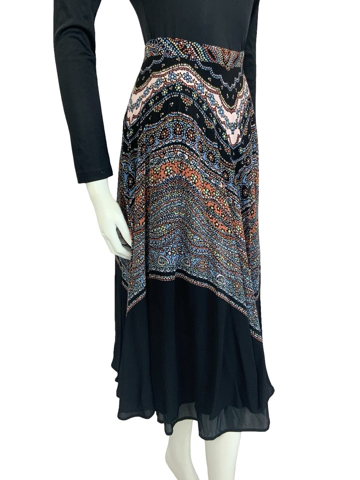 VTG 60S 70S BLACK PINK BLUE LUCIE LINDEN BOHO FLORAL DOTTY FLOATY MIDI SKIRT 6