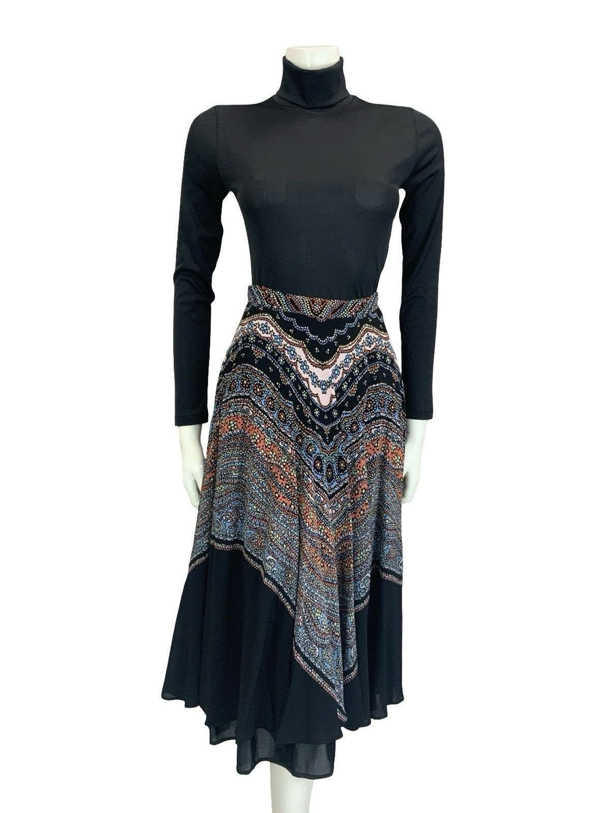 VTG 60S 70S BLACK PINK BLUE LUCIE LINDEN BOHO FLORAL DOTTY FLOATY MIDI SKIRT 6