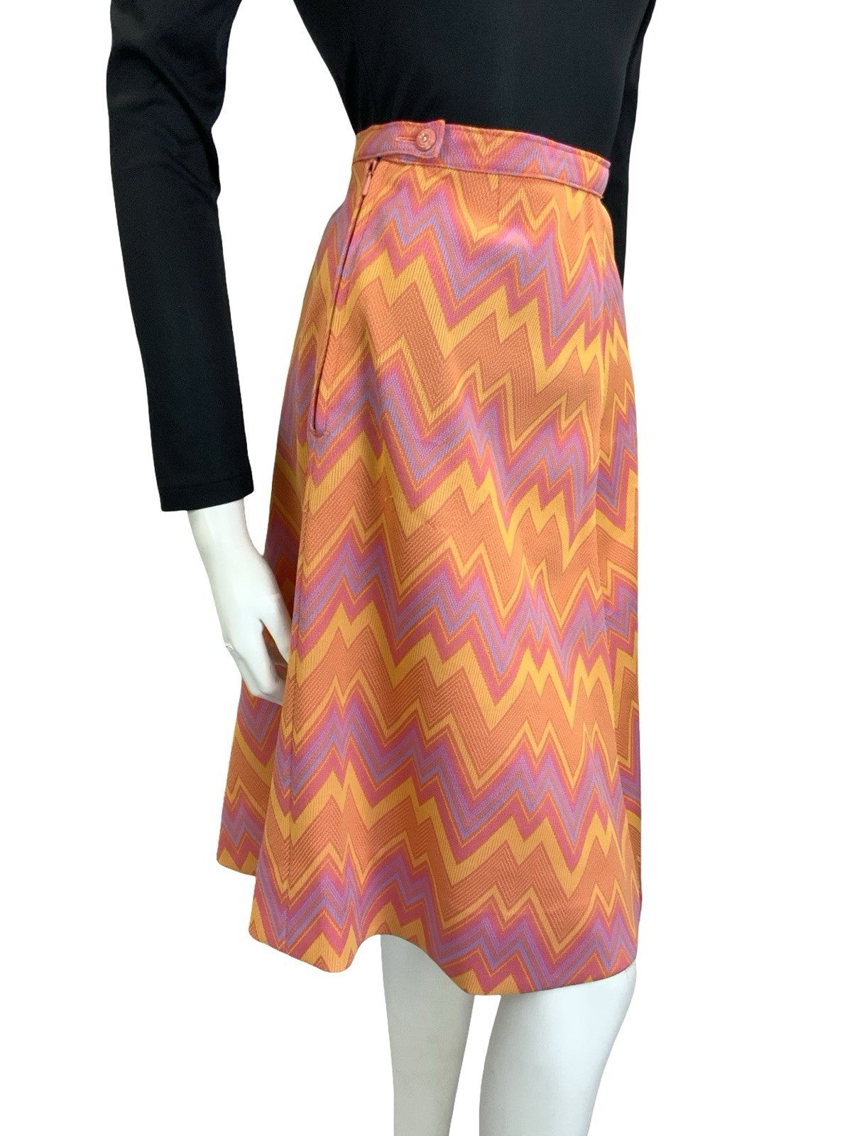 VTG 60S 70S PINK ORANGE PURPLE YELLOW GEOMETRIC ZIG ZAG CHEVRON A LINE SKIRT 12