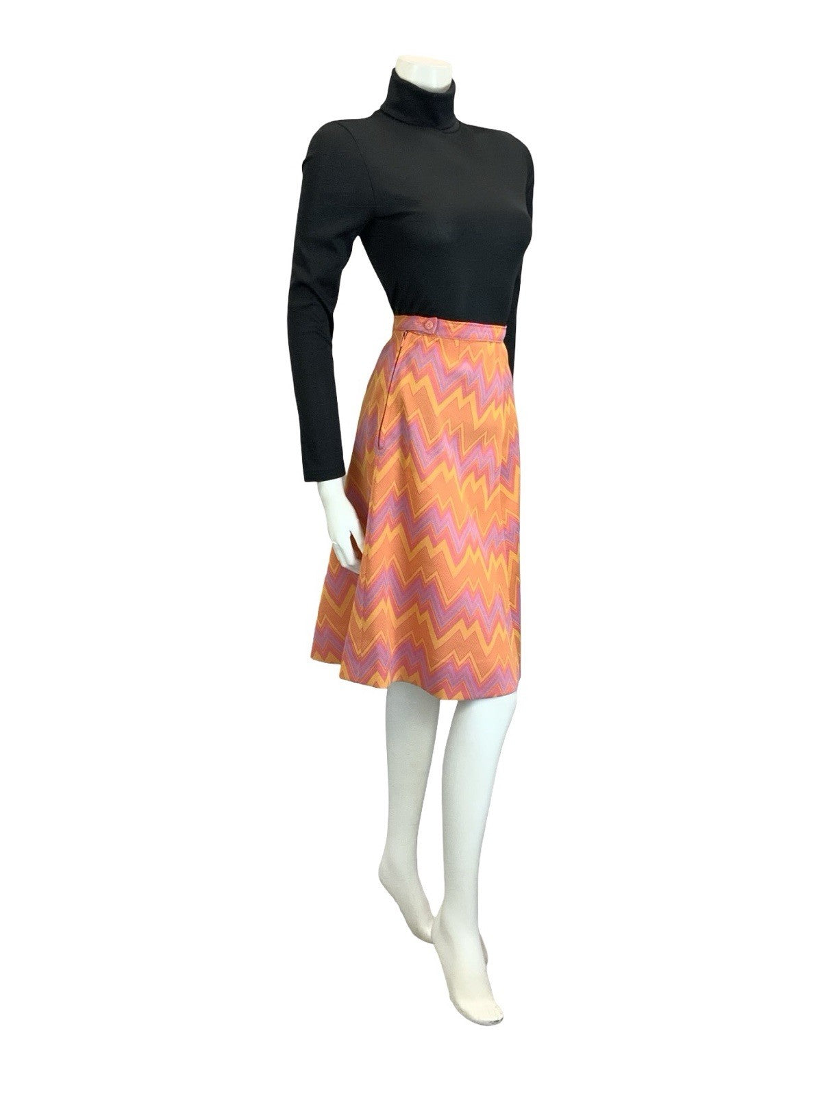VTG 60S 70S PINK ORANGE PURPLE YELLOW GEOMETRIC ZIG ZAG CHEVRON A LINE SKIRT 12