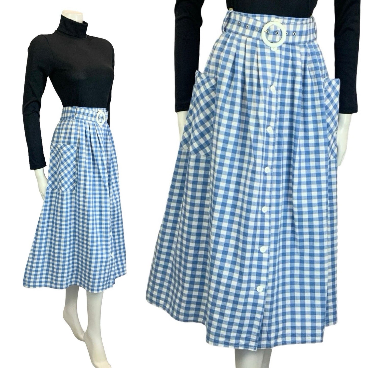 VTG 60S 70S BLUE WHITE GINGHAM BUTTON DOWN COTTAGE MIDI SKIRT 10 12 14 16