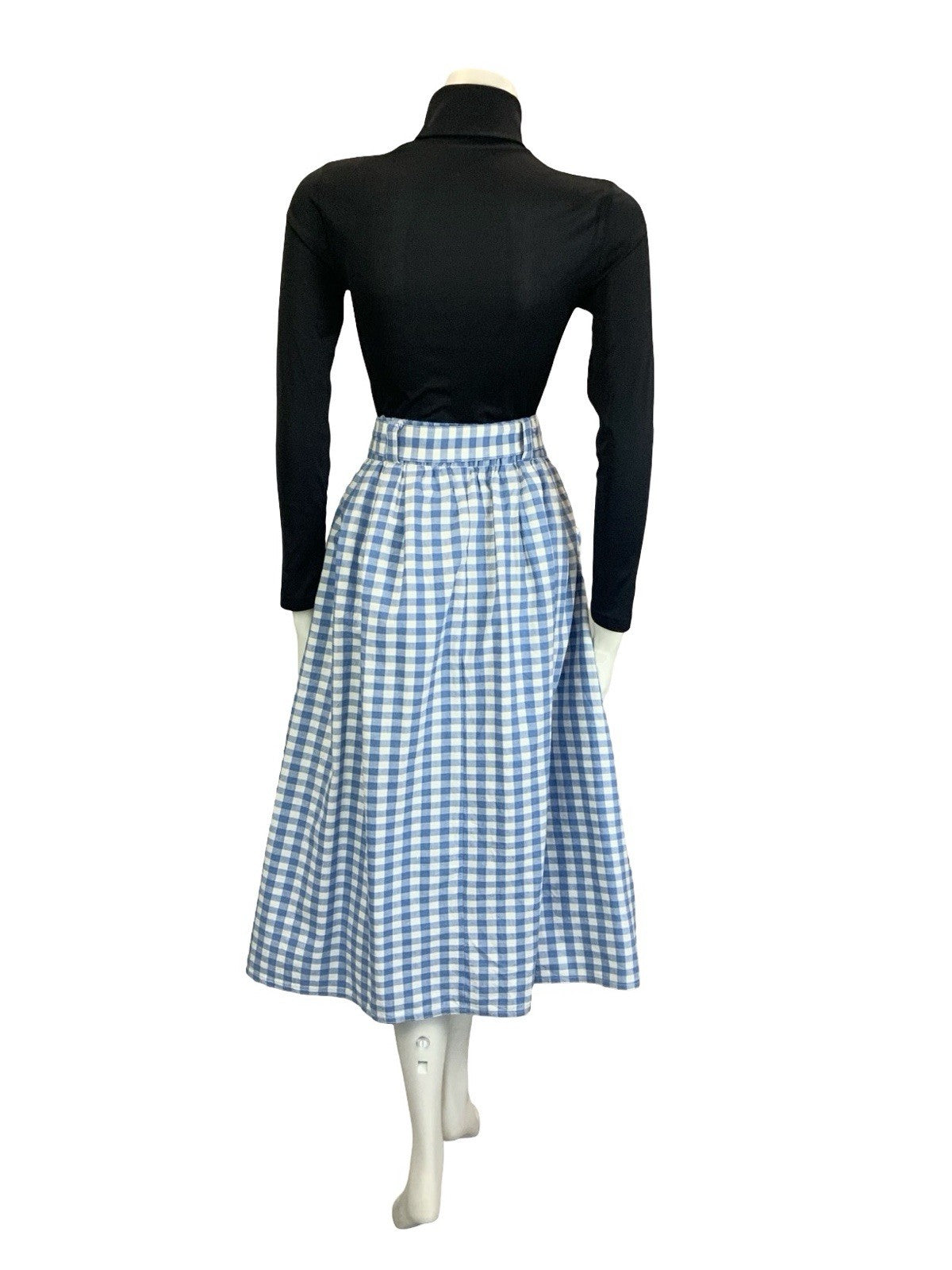 VTG 60S 70S BLUE WHITE GINGHAM BUTTON DOWN COTTAGE MIDI SKIRT 10 12 14 16