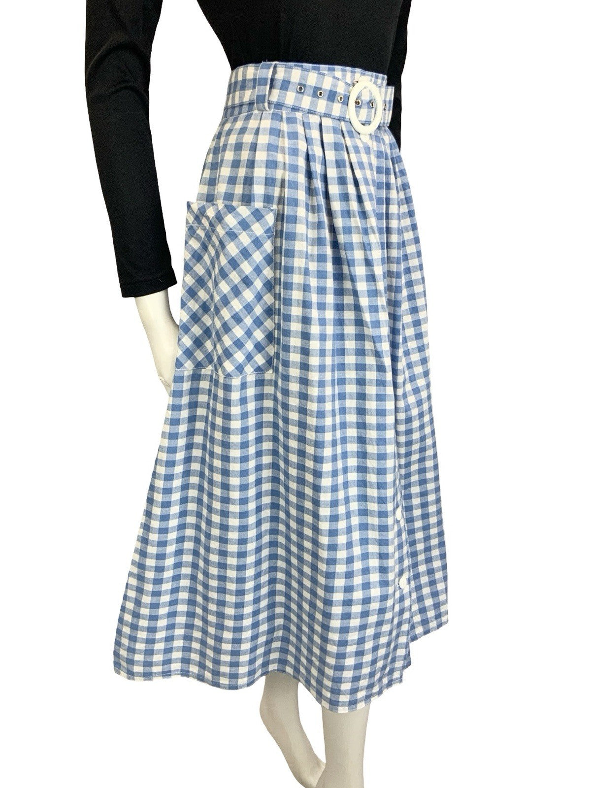 VTG 60S 70S BLUE WHITE GINGHAM BUTTON DOWN COTTAGE MIDI SKIRT 10 12 14 16