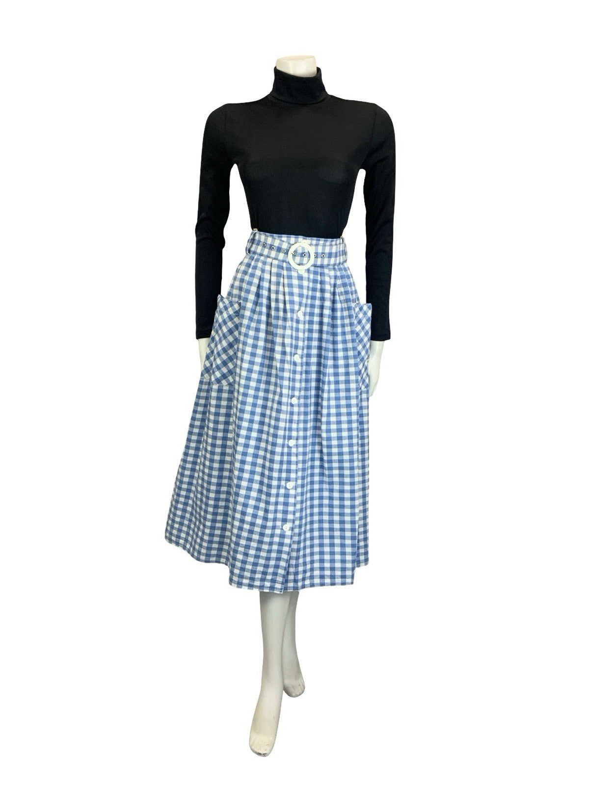 VTG 60S 70S BLUE WHITE GINGHAM BUTTON DOWN COTTAGE MIDI SKIRT 10 12 14 16