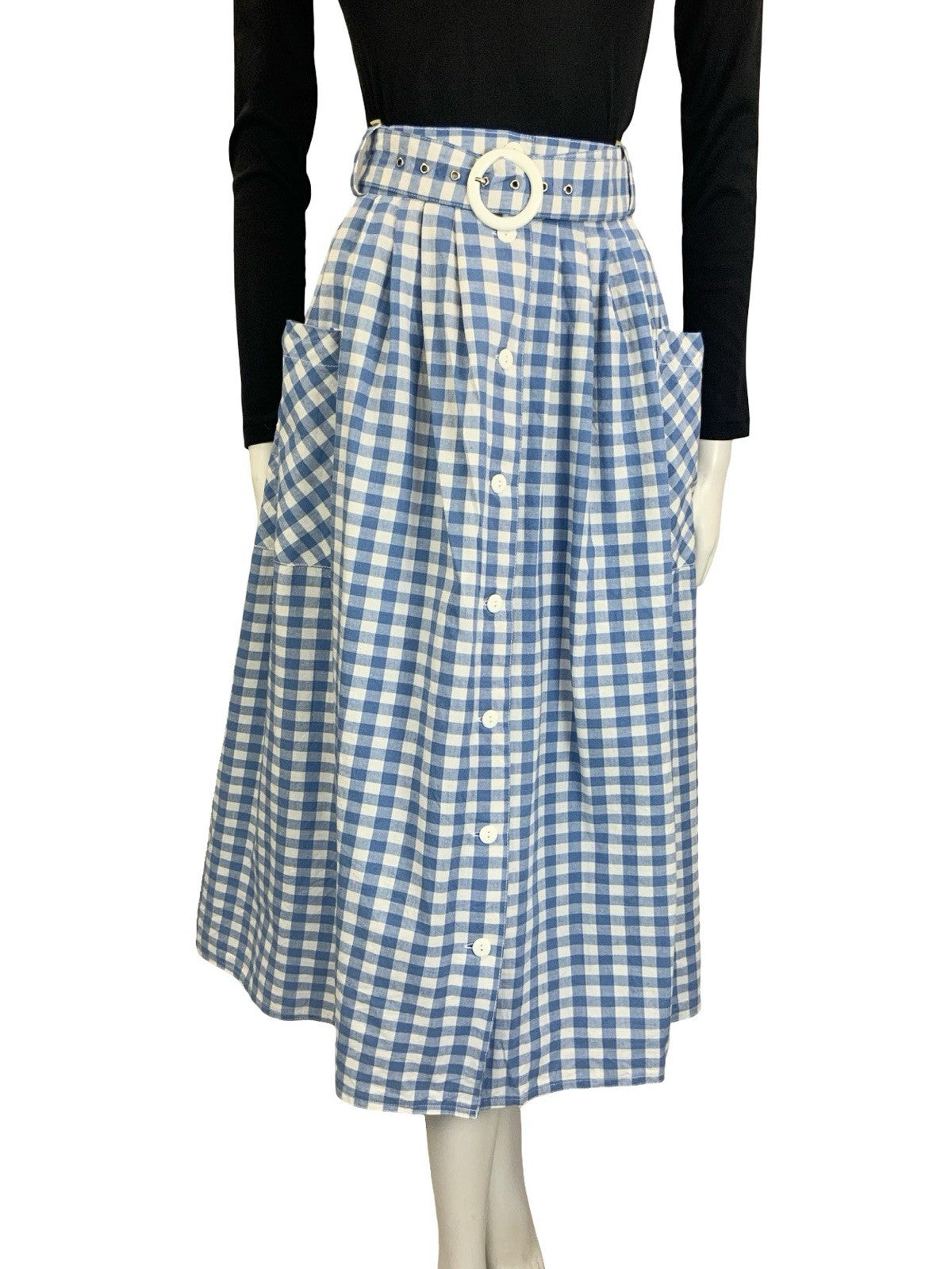 VTG 60S 70S BLUE WHITE GINGHAM BUTTON DOWN COTTAGE MIDI SKIRT 10 12 14 16