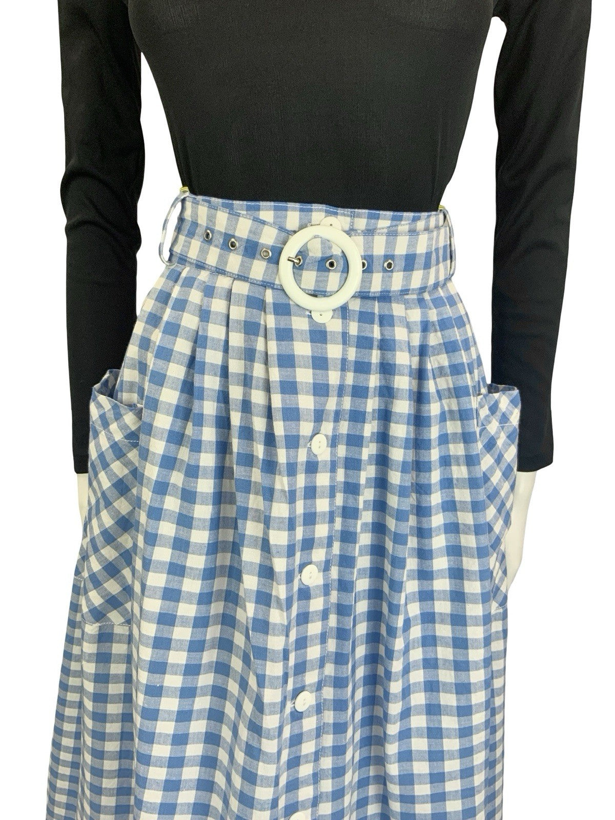 VTG 60S 70S BLUE WHITE GINGHAM BUTTON DOWN COTTAGE MIDI SKIRT 10 12 14 16