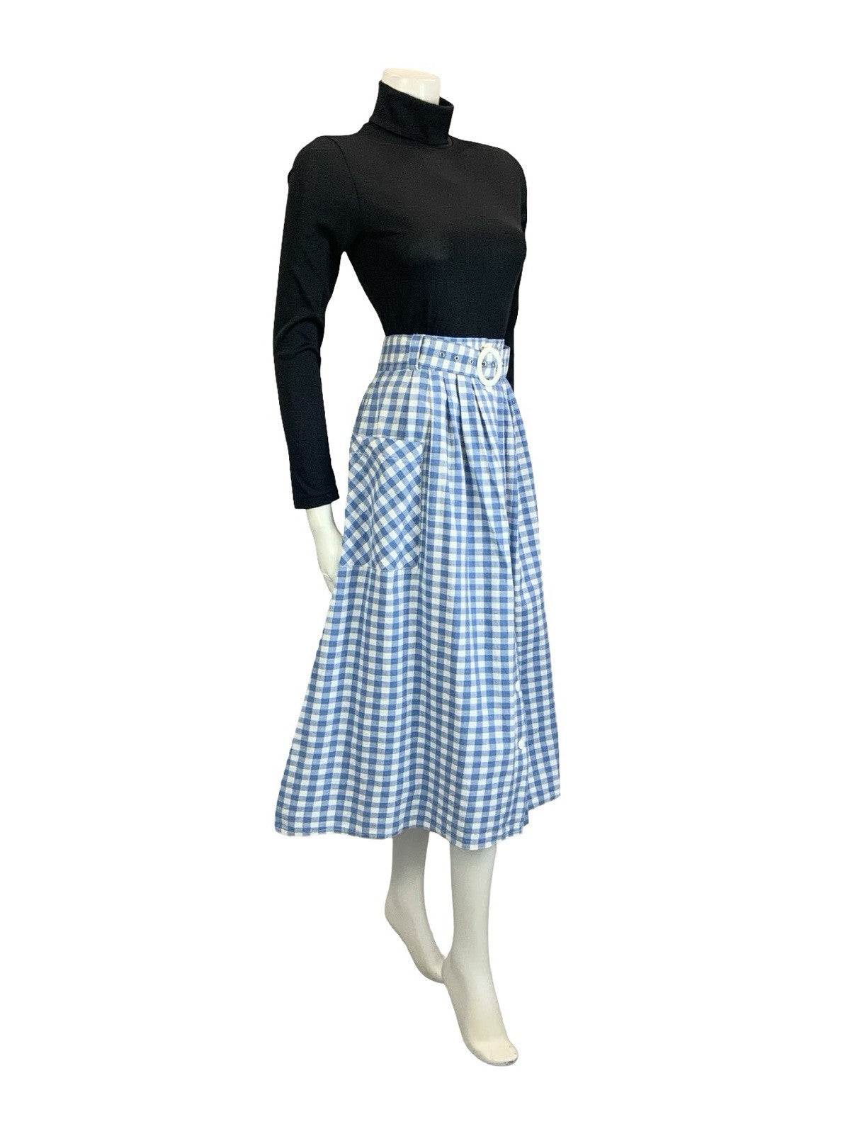 VTG 60S 70S BLUE WHITE GINGHAM BUTTON DOWN COTTAGE MIDI SKIRT 10 12 14 16