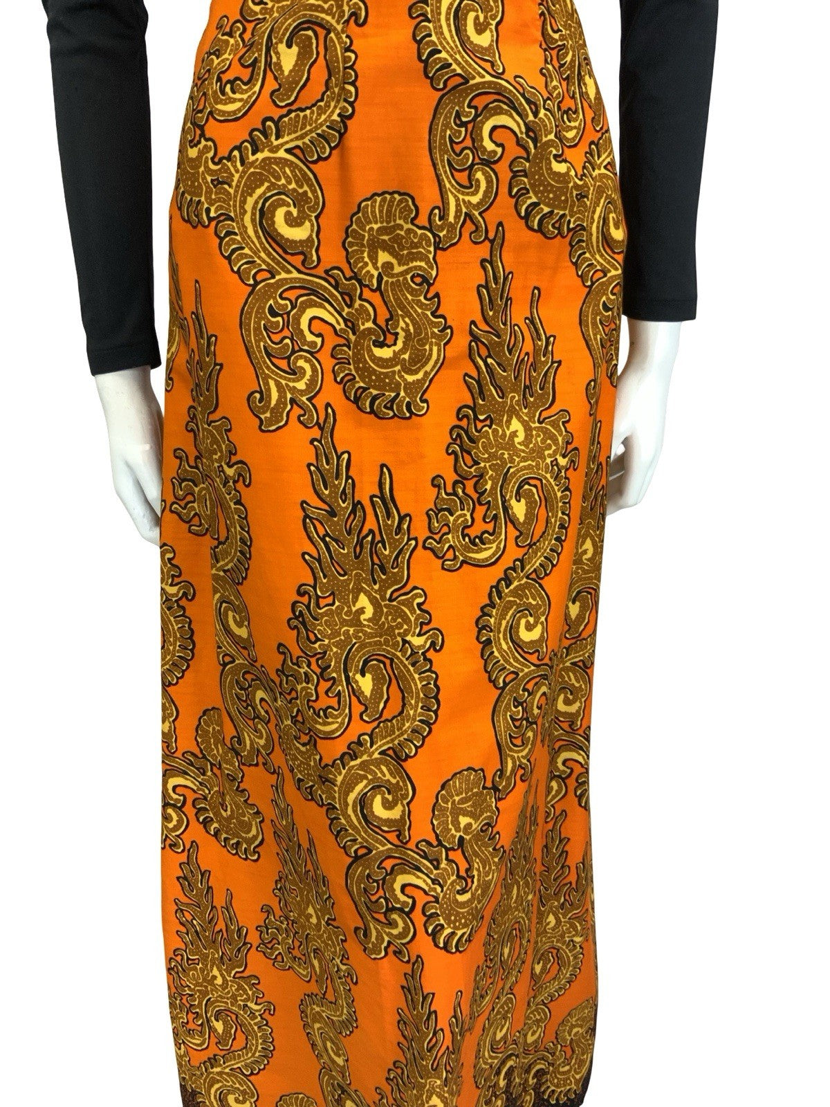 VTG 60S 70S ORANGE GOLD BLACK PSYCHEDELIC SWIRLING MAXI SKIRT 12