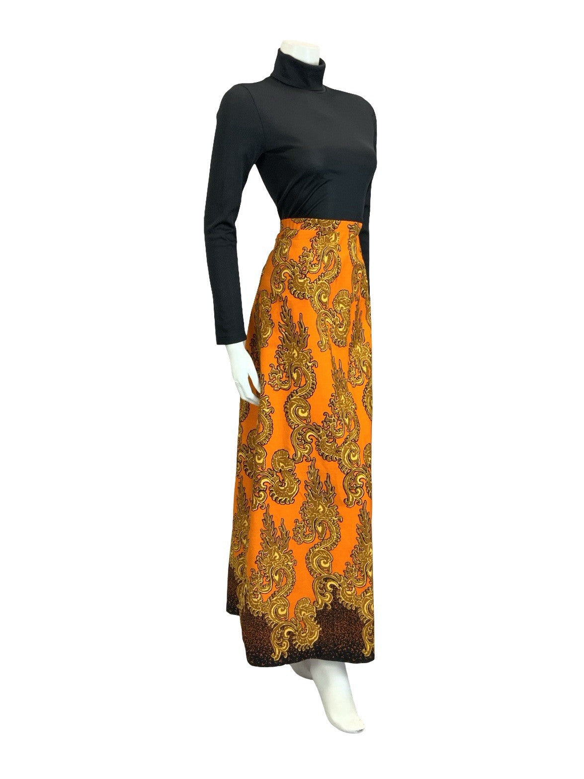 VTG 60S 70S ORANGE GOLD BLACK PSYCHEDELIC SWIRLING MAXI SKIRT 12