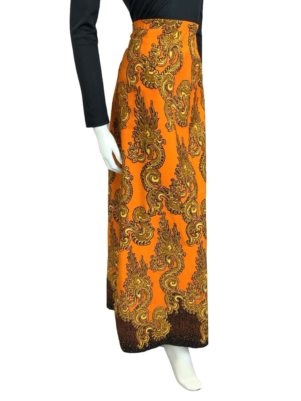 VTG 60S 70S ORANGE GOLD BLACK PSYCHEDELIC SWIRLING MAXI SKIRT 12