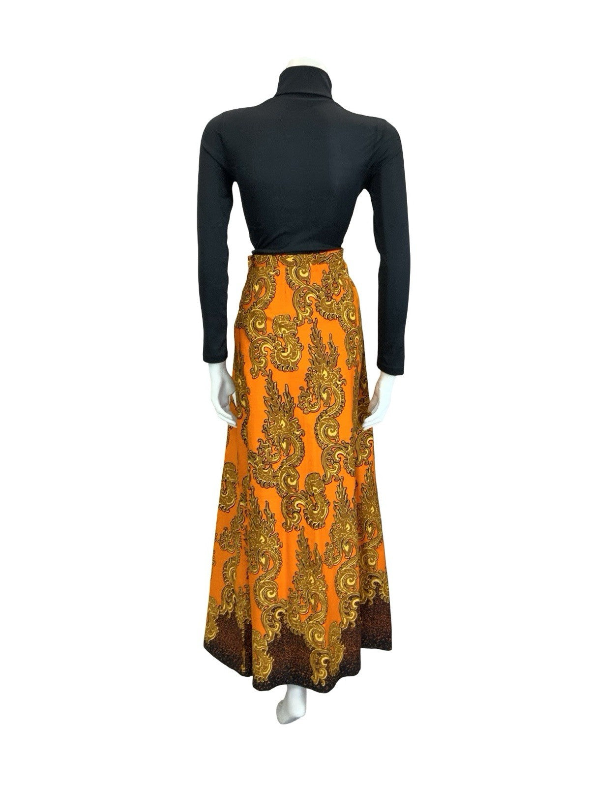 VTG 60S 70S ORANGE GOLD BLACK PSYCHEDELIC SWIRLING MAXI SKIRT 12