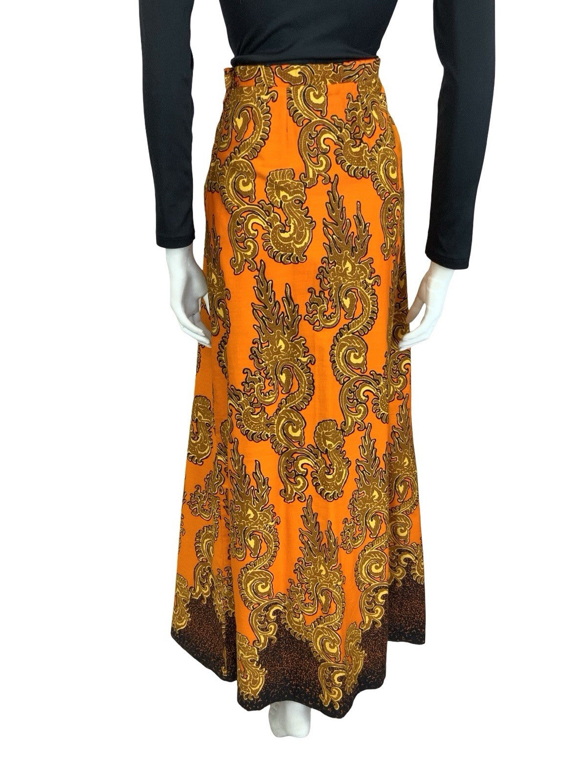 VTG 60S 70S ORANGE GOLD BLACK PSYCHEDELIC SWIRLING MAXI SKIRT 12