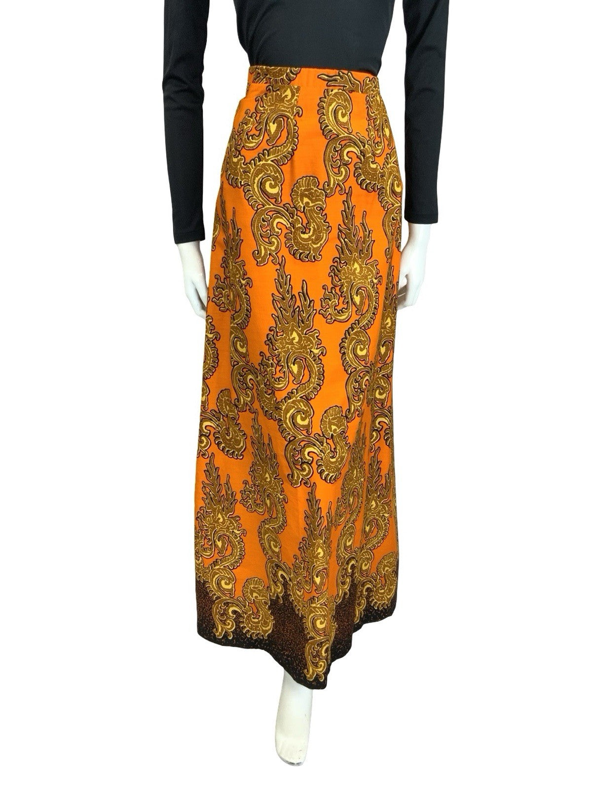 VTG 60S 70S ORANGE GOLD BLACK PSYCHEDELIC SWIRLING MAXI SKIRT 12