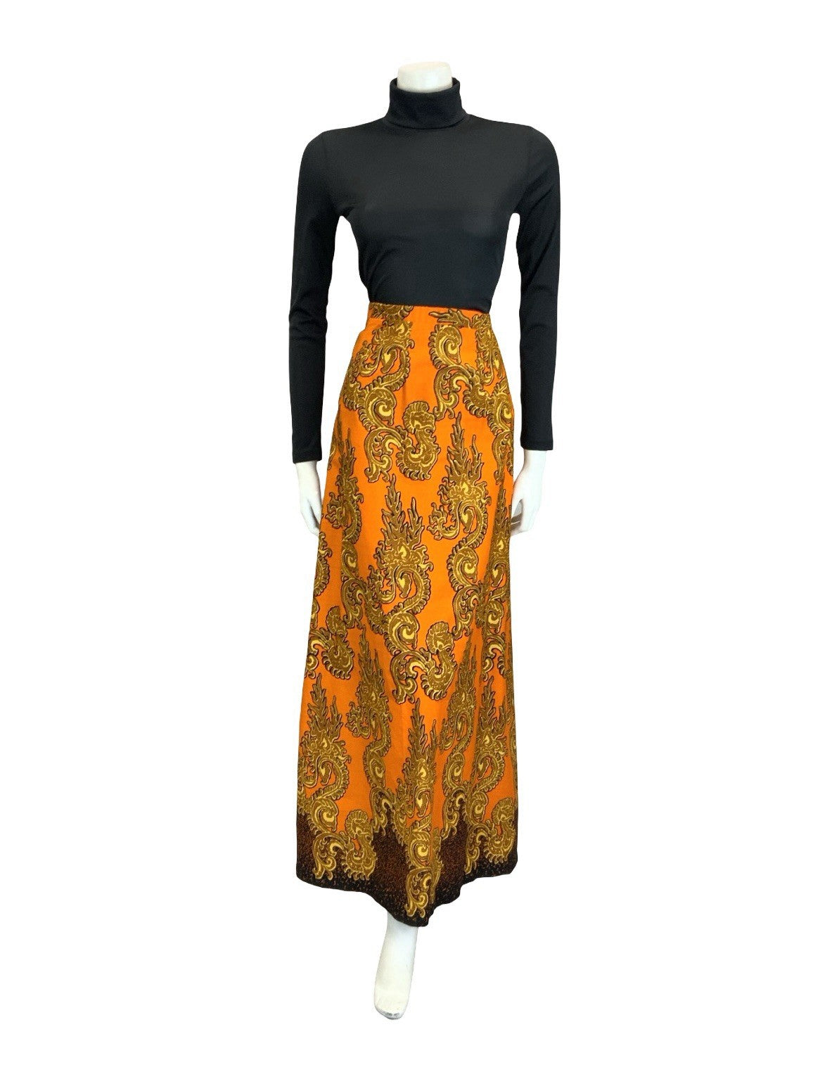 VTG 60S 70S ORANGE GOLD BLACK PSYCHEDELIC SWIRLING MAXI SKIRT 12