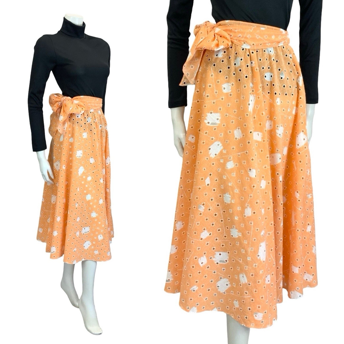 VTG 60S 70S PEACH ORANGE WHITE ANGLAISE GEOMETRIC TIE WAIST MIDI SKIRT 4