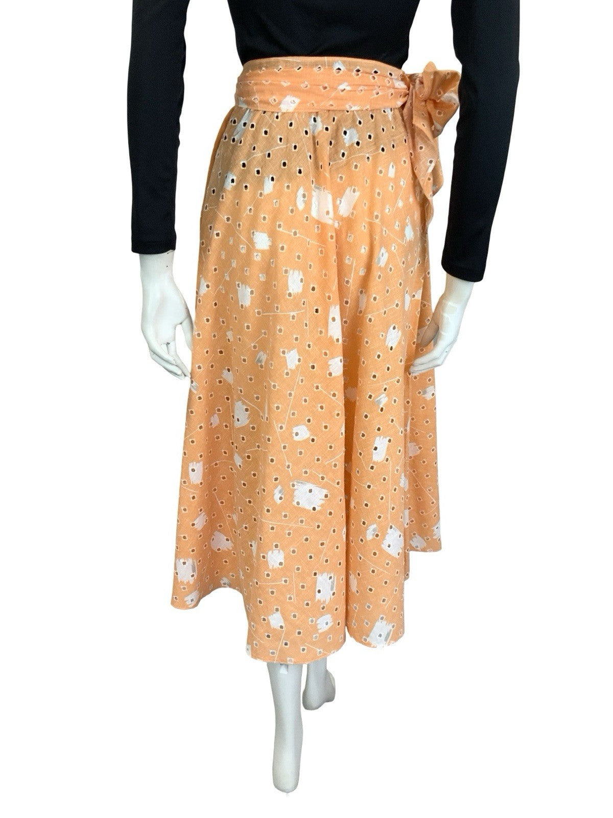 VTG 60S 70S PEACH ORANGE WHITE ANGLAISE GEOMETRIC TIE WAIST MIDI SKIRT 4
