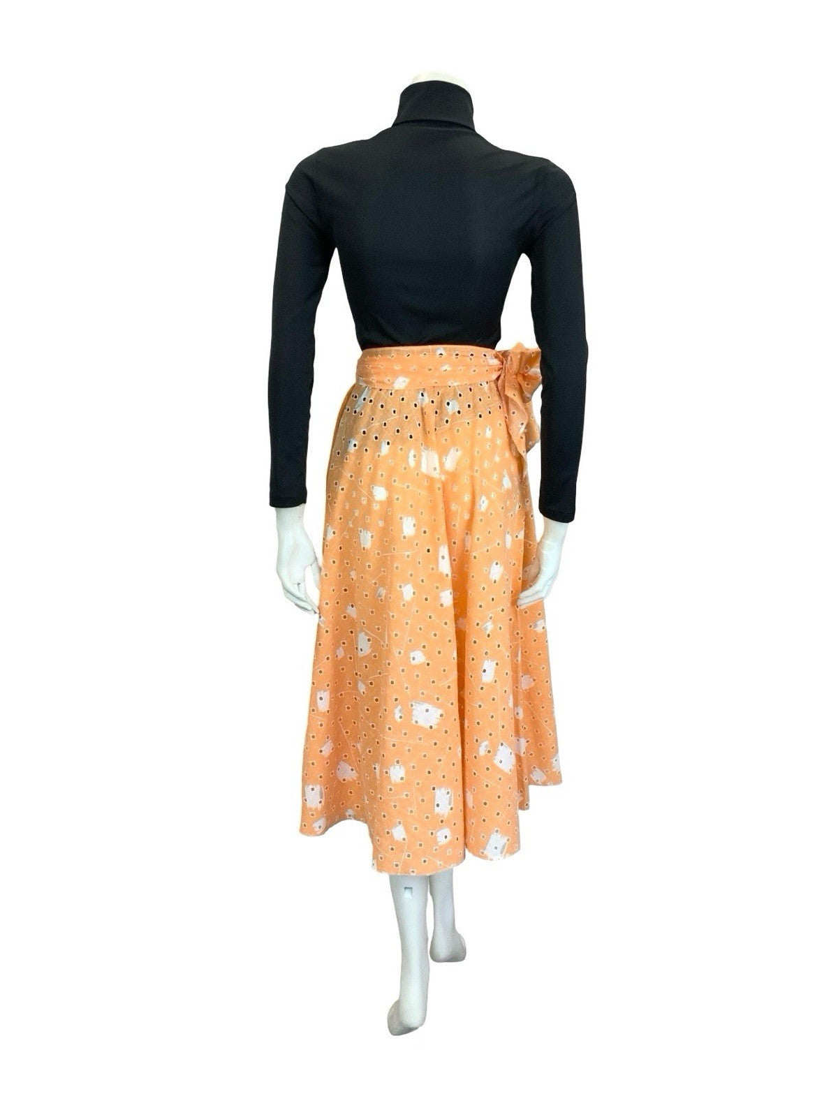 VTG 60S 70S PEACH ORANGE WHITE ANGLAISE GEOMETRIC TIE WAIST MIDI SKIRT 4