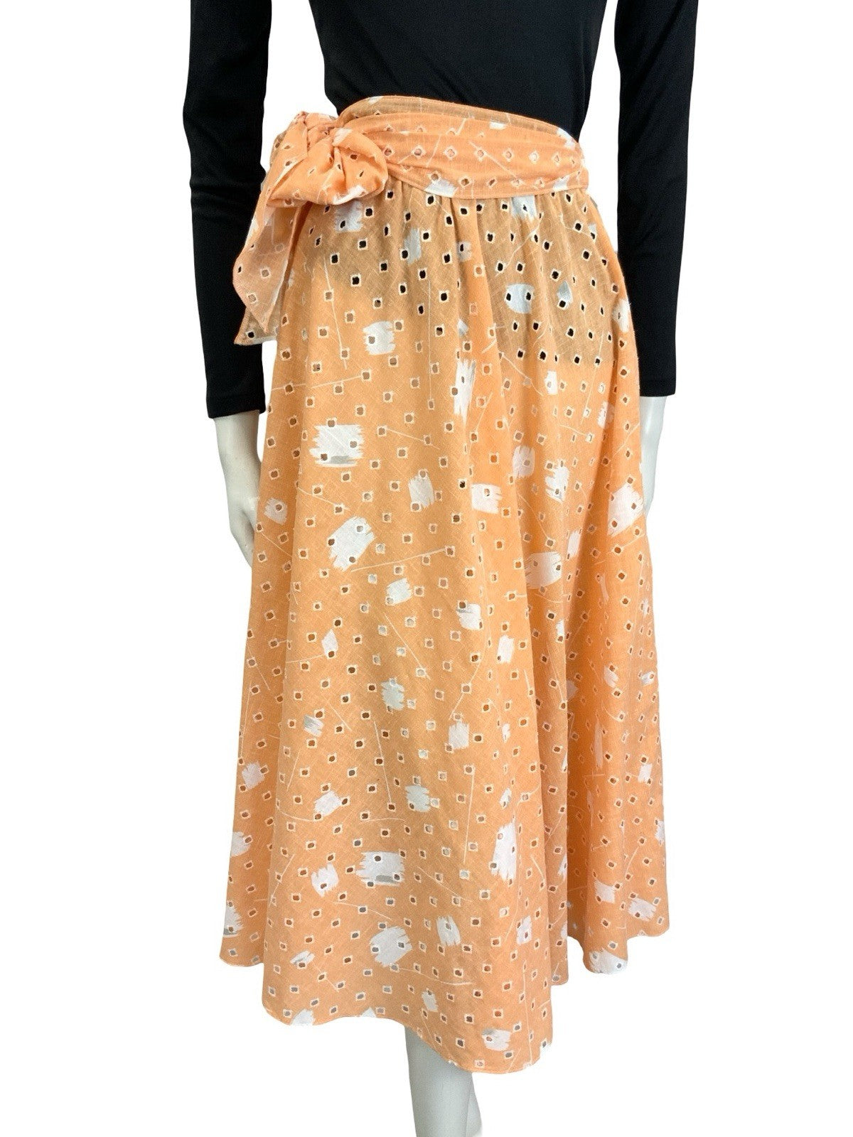 VTG 60S 70S PEACH ORANGE WHITE ANGLAISE GEOMETRIC TIE WAIST MIDI SKIRT 4
