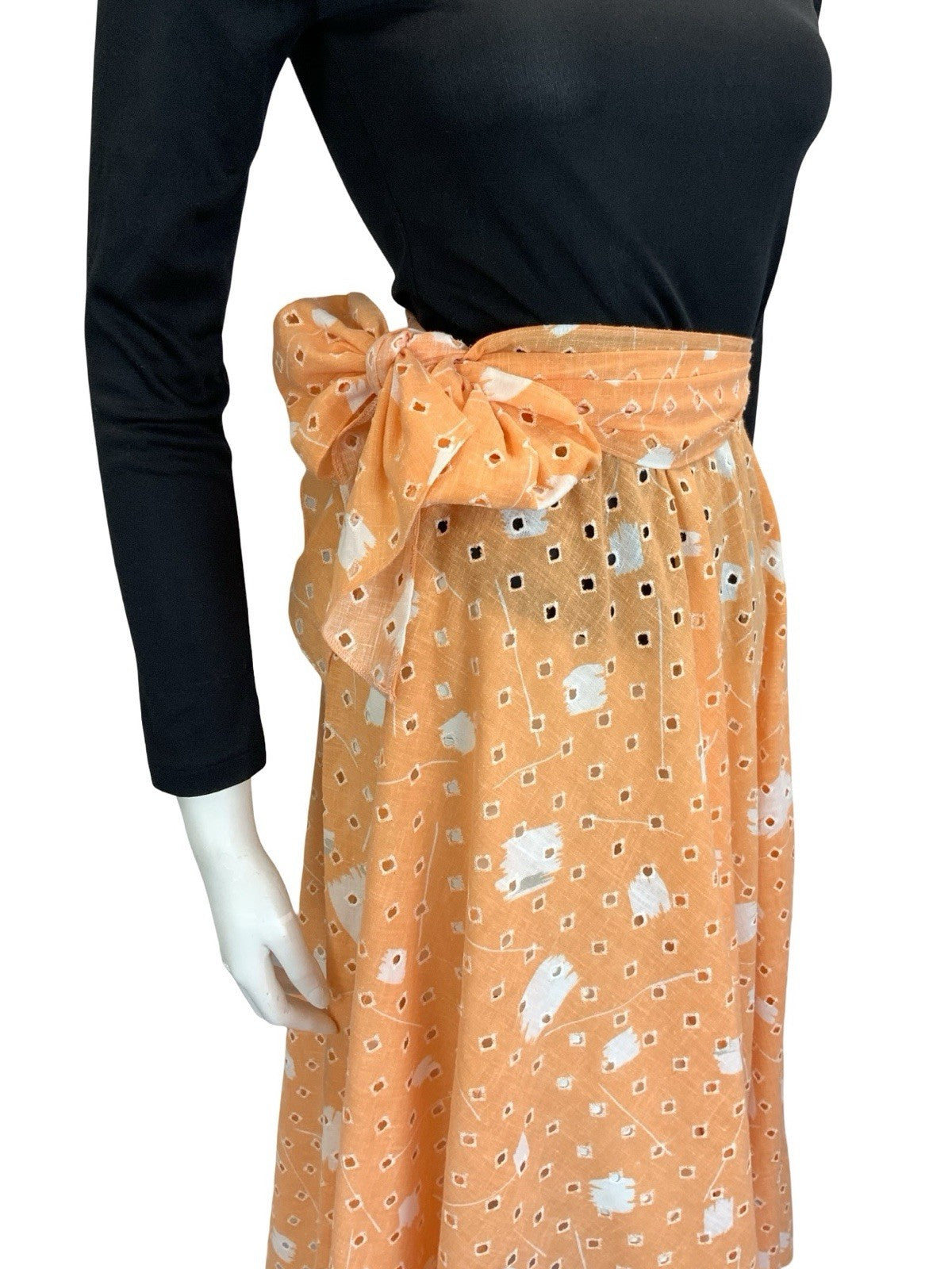 VTG 60S 70S PEACH ORANGE WHITE ANGLAISE GEOMETRIC TIE WAIST MIDI SKIRT 4