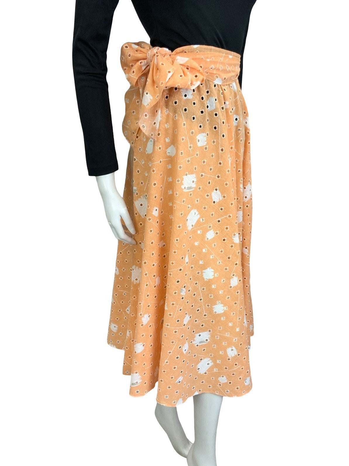 VTG 60S 70S PEACH ORANGE WHITE ANGLAISE GEOMETRIC TIE WAIST MIDI SKIRT 4