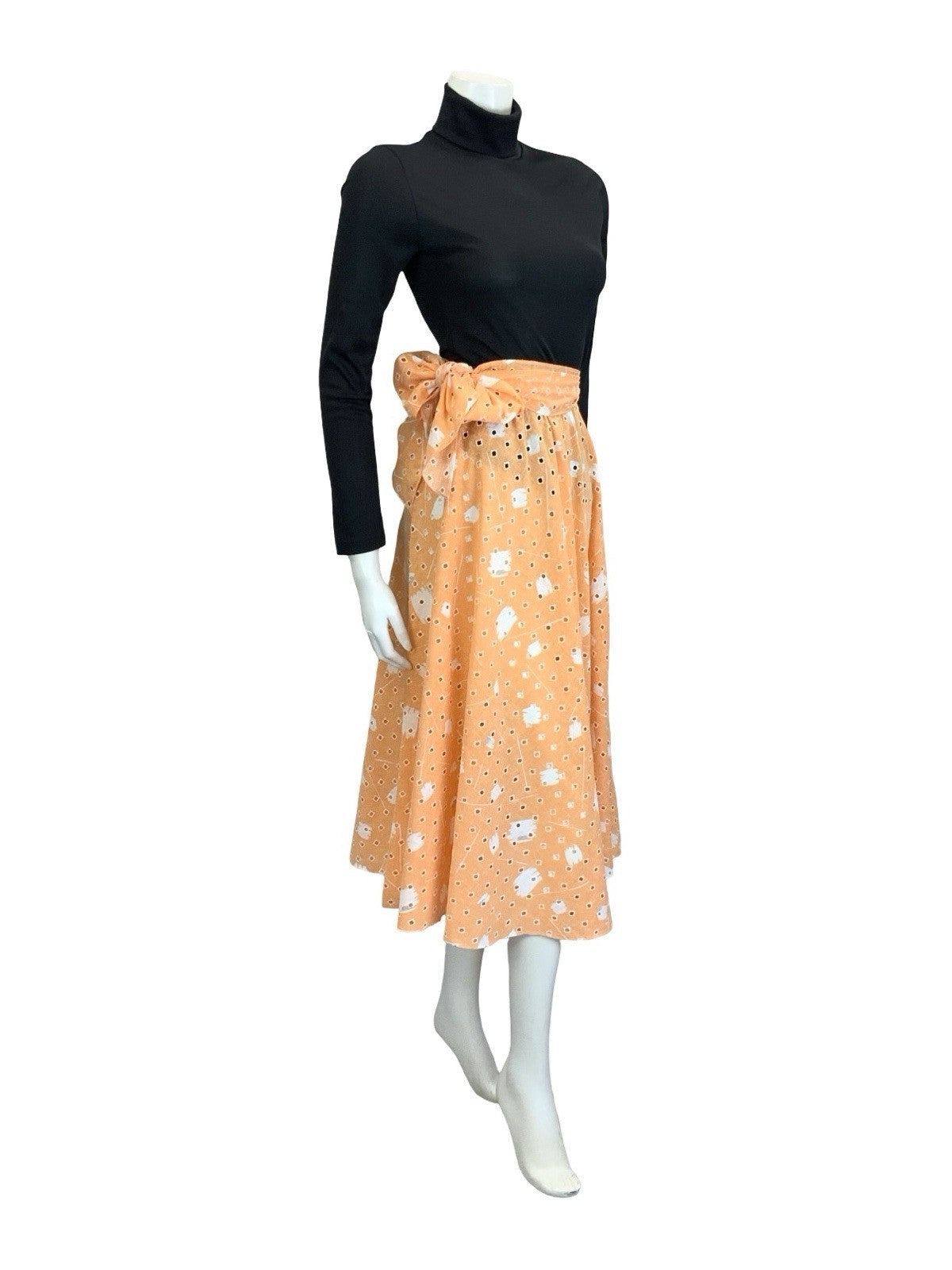 VTG 60S 70S PEACH ORANGE WHITE ANGLAISE GEOMETRIC TIE WAIST MIDI SKIRT 4