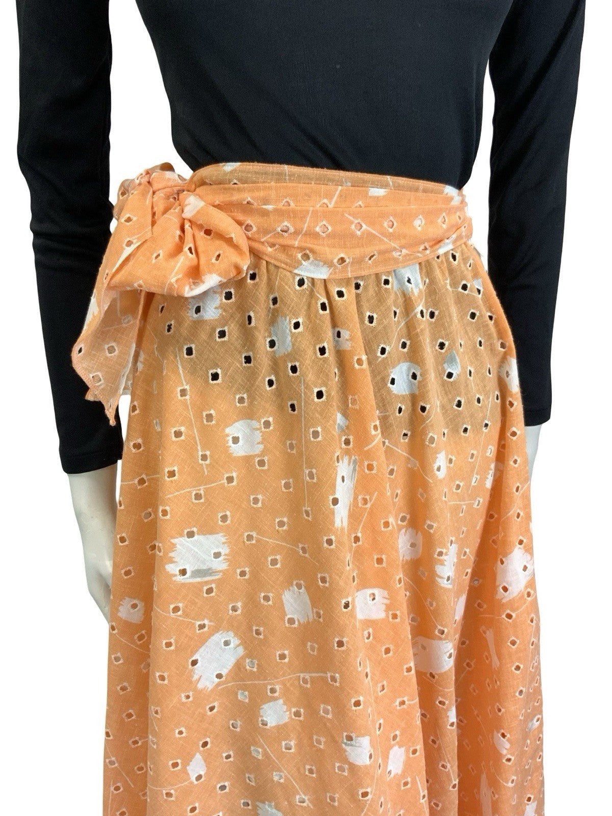VTG 60S 70S PEACH ORANGE WHITE ANGLAISE GEOMETRIC TIE WAIST MIDI SKIRT 4
