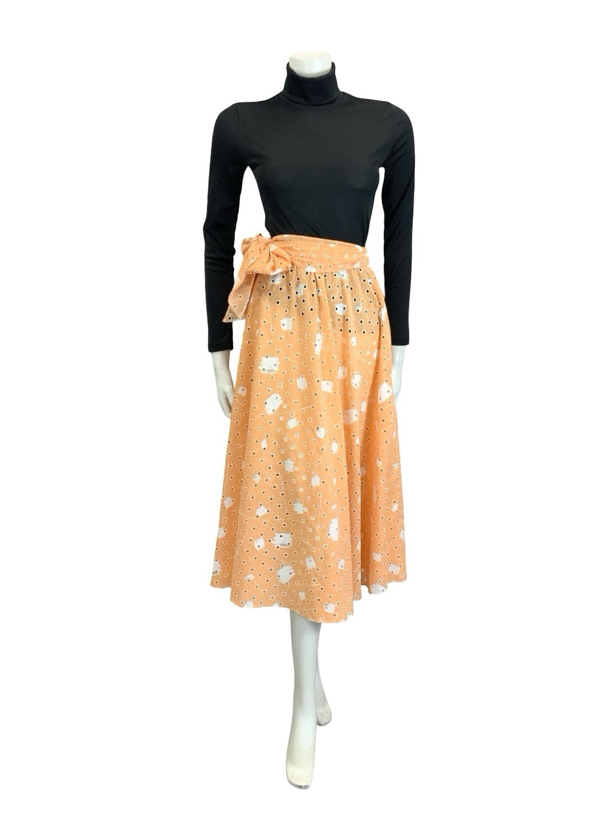 VTG 60S 70S PEACH ORANGE WHITE ANGLAISE GEOMETRIC TIE WAIST MIDI SKIRT 4