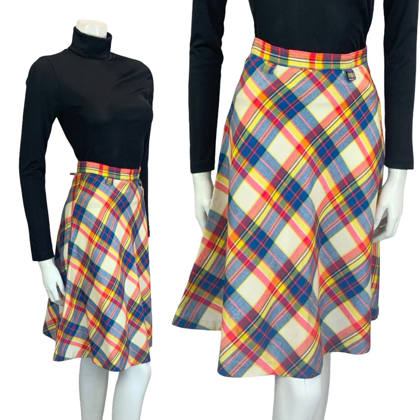 VTG 60S 70S SECRETARY CREAM BLUE PINK YELLOW PLAID CHECKED CIRCLE MIDI SKIRT 4