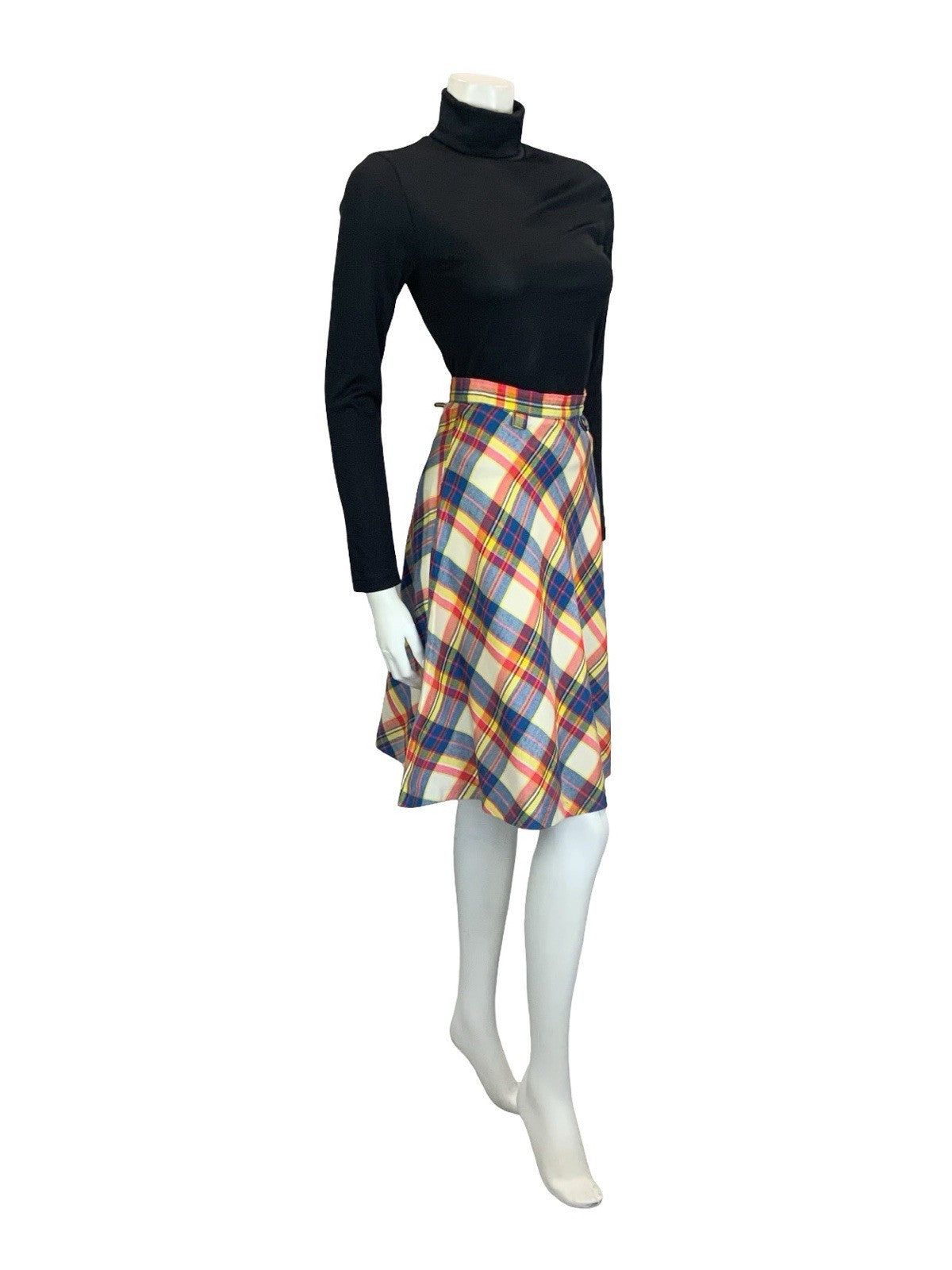 VTG 60S 70S SECRETARY CREAM BLUE PINK YELLOW PLAID CHECKED CIRCLE MIDI SKIRT 4