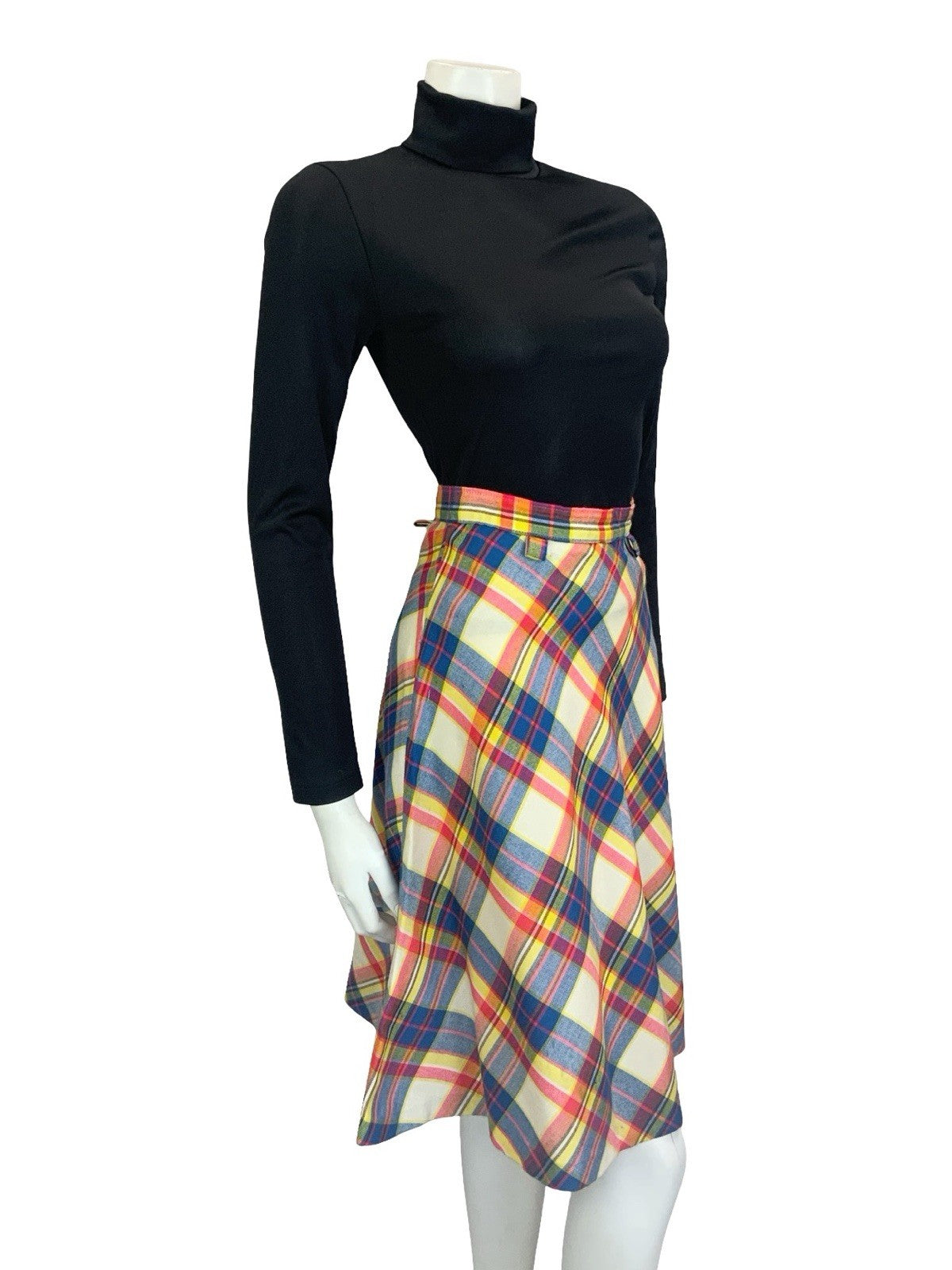 VTG 60S 70S SECRETARY CREAM BLUE PINK YELLOW PLAID CHECKED CIRCLE MIDI SKIRT 4