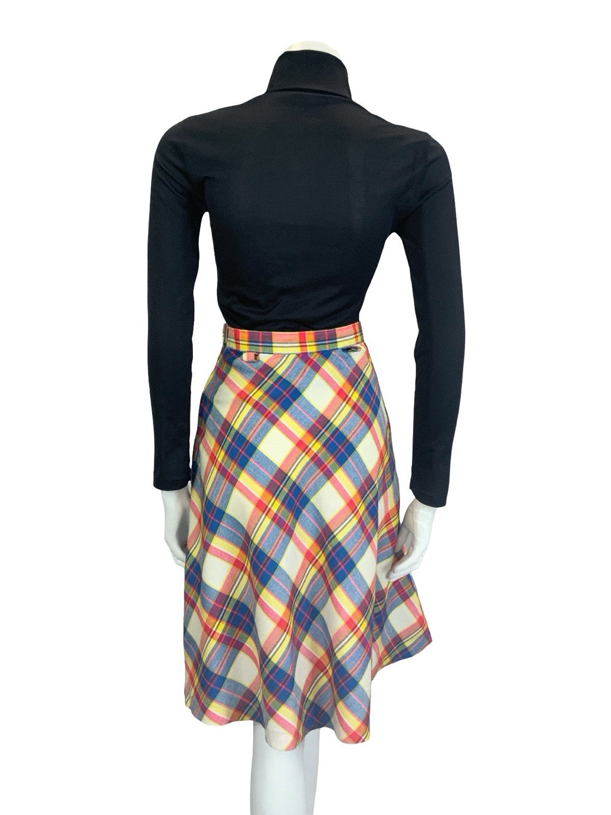 VTG 60S 70S SECRETARY CREAM BLUE PINK YELLOW PLAID CHECKED CIRCLE MIDI SKIRT 4