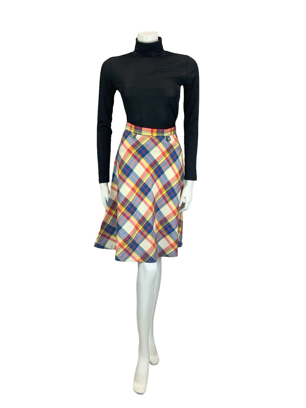 VTG 60S 70S SECRETARY CREAM BLUE PINK YELLOW PLAID CHECKED CIRCLE MIDI SKIRT 4