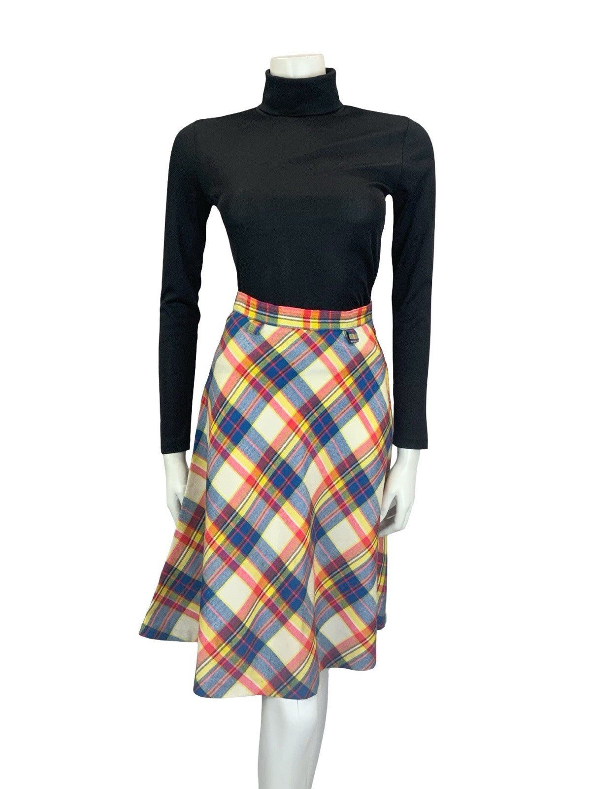 VTG 60S 70S SECRETARY CREAM BLUE PINK YELLOW PLAID CHECKED CIRCLE MIDI SKIRT 4