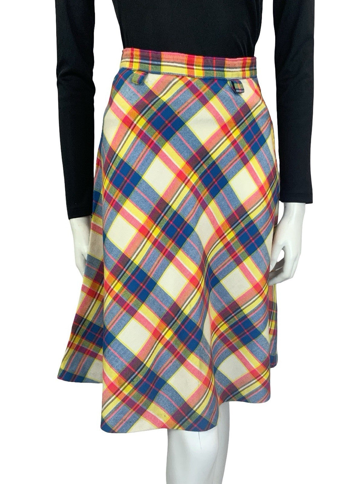 VTG 60S 70S SECRETARY CREAM BLUE PINK YELLOW PLAID CHECKED CIRCLE MIDI SKIRT 4