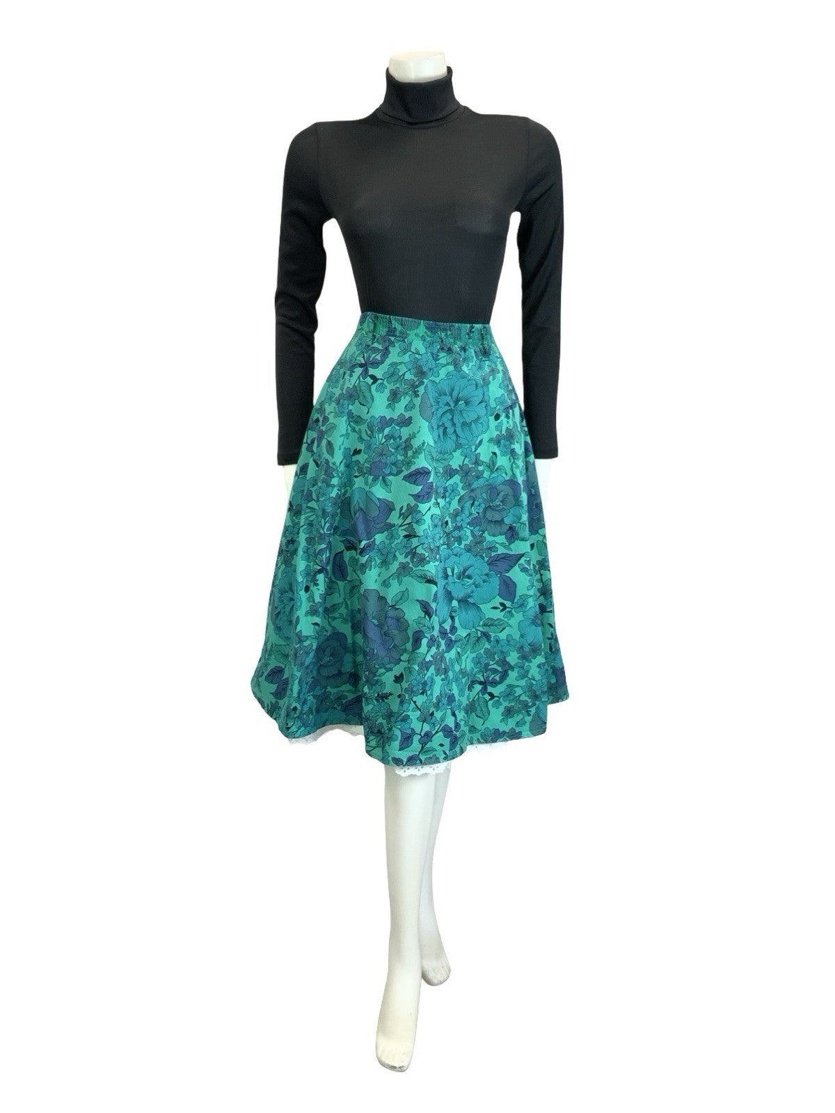 VTG 60S 70S BLUE GREEN WHITE FLORAL LACE ELASTICATED WAIST CIRCLE SKIRT 12