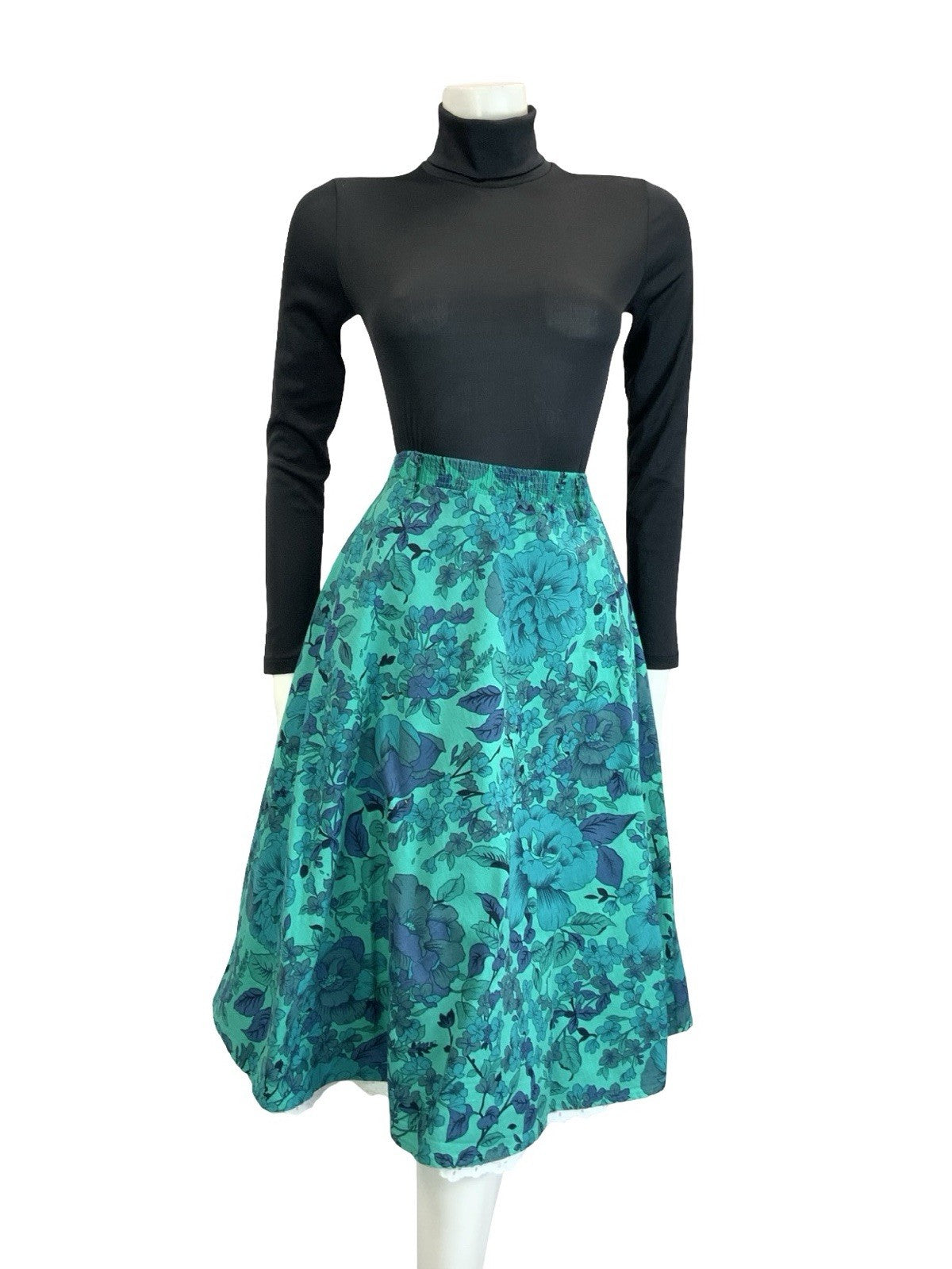 VTG 60S 70S BLUE GREEN WHITE FLORAL LACE ELASTICATED WAIST CIRCLE SKIRT 12