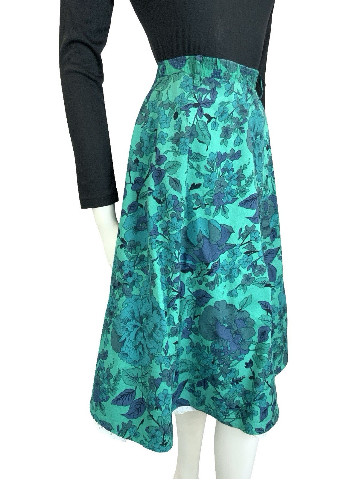 VTG 60S 70S BLUE GREEN WHITE FLORAL LACE ELASTICATED WAIST CIRCLE SKIRT 12
