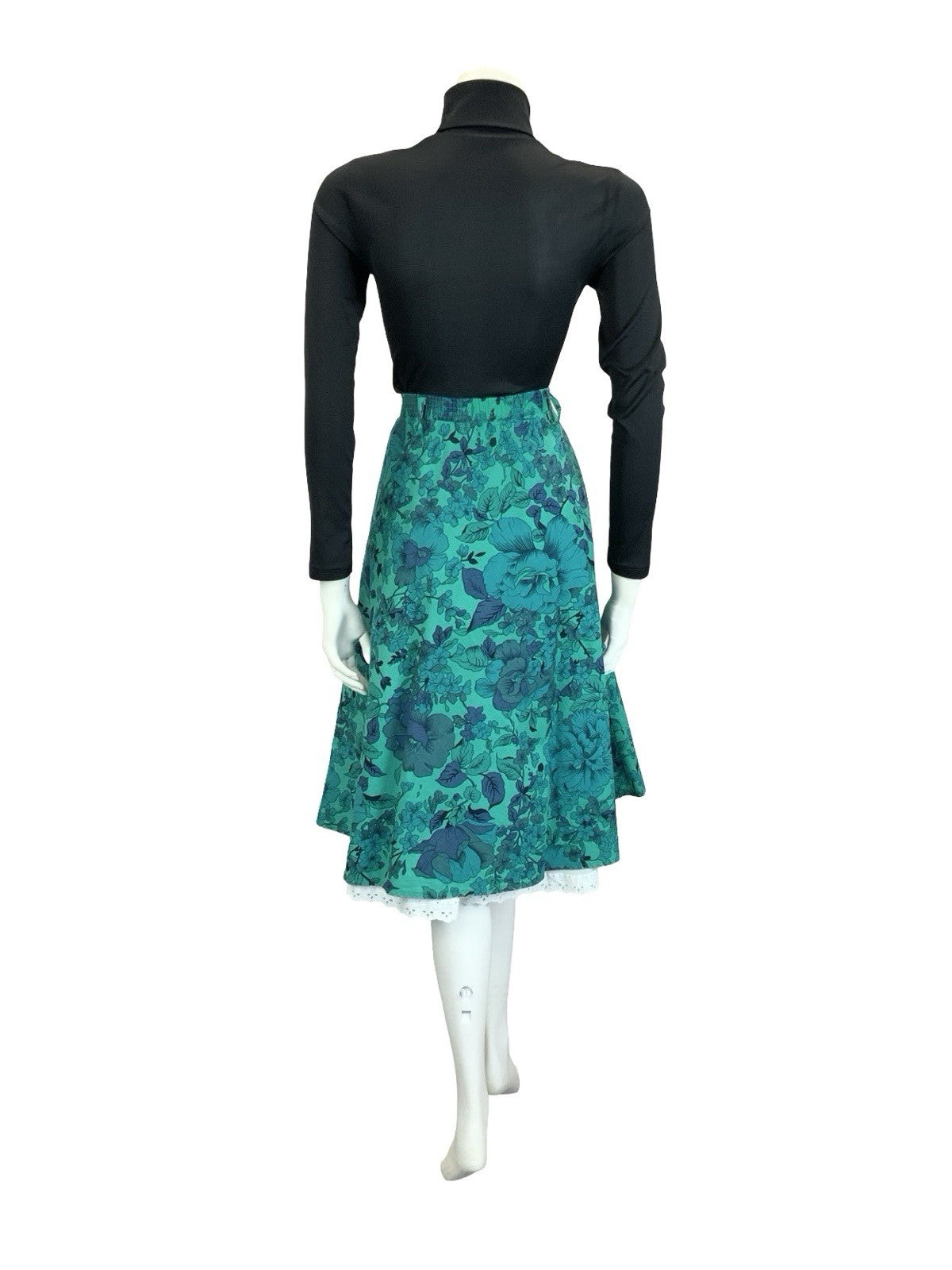 VTG 60S 70S BLUE GREEN WHITE FLORAL LACE ELASTICATED WAIST CIRCLE SKIRT 12