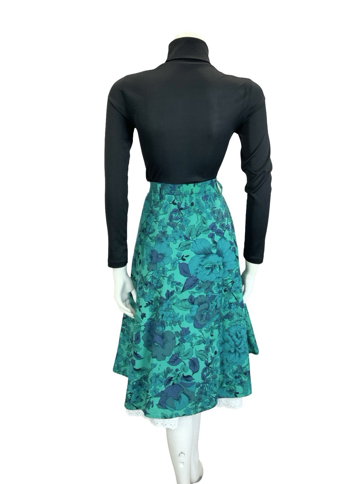 VTG 60S 70S BLUE GREEN WHITE FLORAL LACE ELASTICATED WAIST CIRCLE SKIRT 12