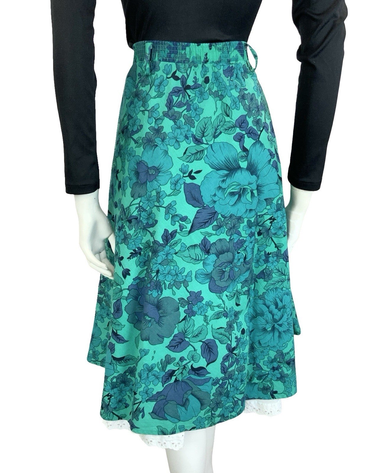 VTG 60S 70S BLUE GREEN WHITE FLORAL LACE ELASTICATED WAIST CIRCLE SKIRT 12